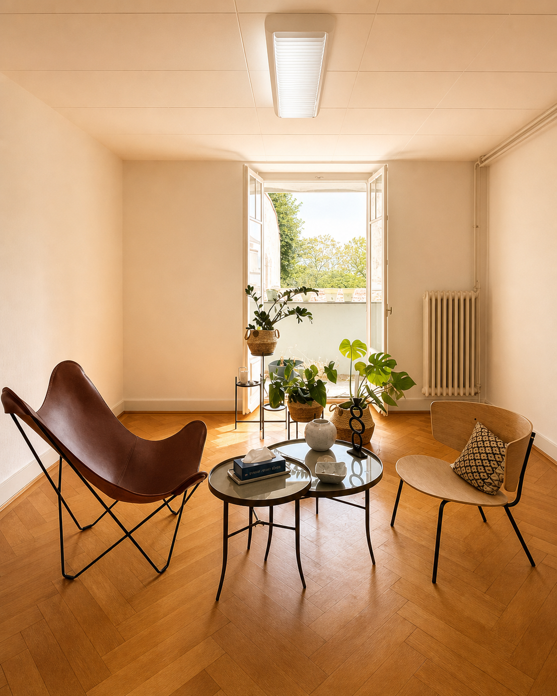 Salle de consultation avec fauteuils, plantes et parquet, lumière naturelle